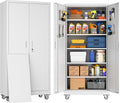 Garage Storage Cabinet with Wheels & Pegboard, 71" H x 34" W x 18" D Locking Metal Storage Cabinet with 2 Doors and 5 Adjustable Shelves for Garage Workshop Home, White, Assembly Required