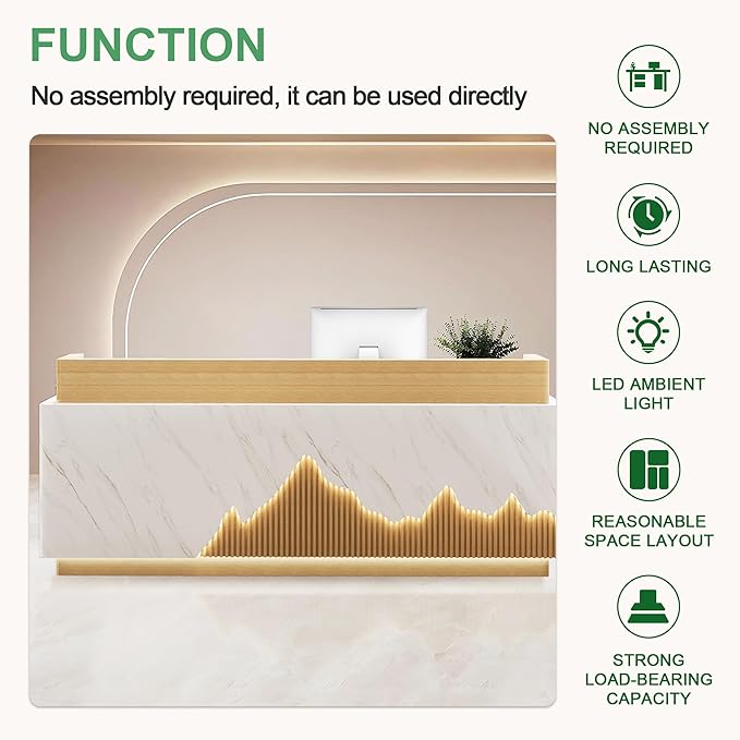 Modern Reception Desk with Counter Front Reception Table with Hidden LED Lighting Commercial Receptionist Desk Wood and White Checkout Counter Fully Assembled and Ready to Use 79inch