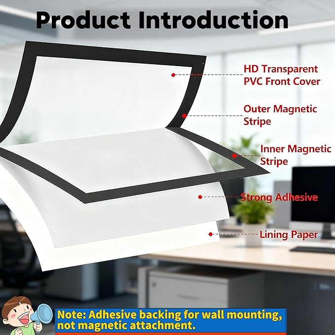 Magnetic Sign Holder 8.5 x 11 Wall Mount, Self Adhesive Display Picture Frames with Strong Magnetic Border and Clear PVC, Document Poster Paper Holder for Home Office Store (16 Pack, Black, 8.5X11)