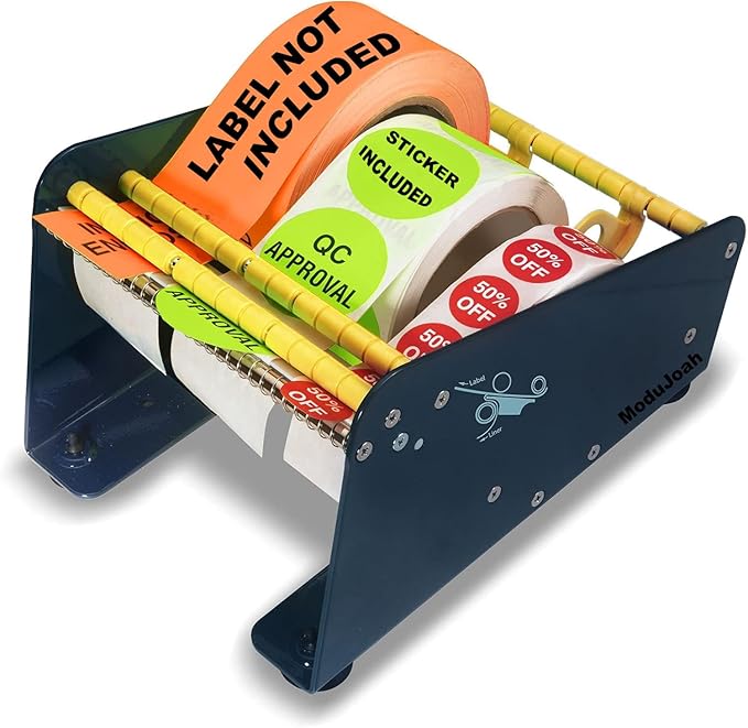 MDJ by Excell Manual Metal Label Sticker Dispenser with 4 Suction Cups Base for Tabletop, Adjustable Holder for Multiple Rolls for Office, Home, Warehouse, Easy Peel Off, Fits up to 6.5" Wide Labels