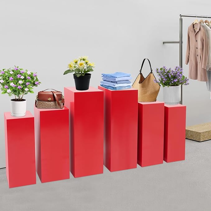 OUKANING 6 PCS Metal Display Pedestal Stands, Red Square Display Stands Pillars, Decoration Cube Sculpture Display Column for Wedding Party Baby Shower Birthday, H31.49'', 25.59'', 23.62''