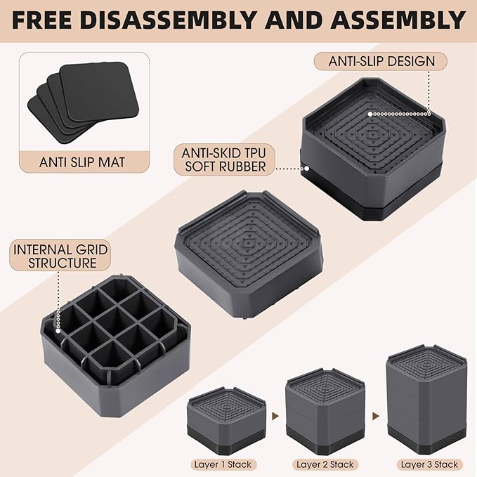 Furniture Risers Bed Risers - Rectangular Adjustable Block Riser for Raising 1.5-3 In. & 4.3 In. Beds, Tables, Sofas, Refrigerators, Washers - Up to 4,000 Pounds (Grey, Three Layers 4.3inches)