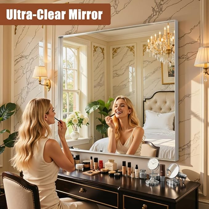 48"x32" Silver Framed Bathroom Mirror, Large Rectangular Vanity Mirror, Aluminum Metal Frame, Wall Farmhouse Modern Wall-Mounted Mirrors for Bathroom, Bedroom, Living Room, Over Sink