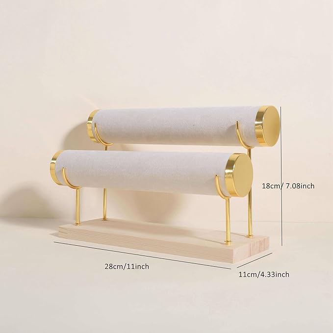 GemeShou Velvet Bangle storage oragenizer for selling,Beige bracelet storage rack for boutique store, Velvet wrap watch holder with wooden base for women girls【Bracelet holder-two tiers】