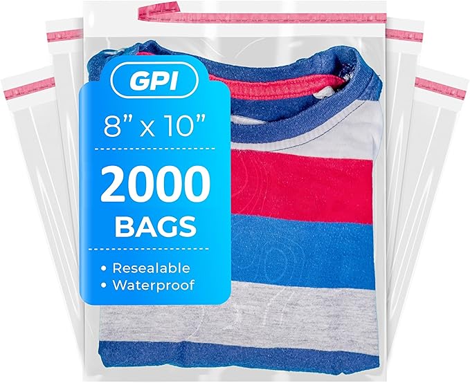 8" X 10" Self Seal Resealable Poly Bags - Case of 2000, Peel & Seal Reclosable Polybags with suffoaction Warning and Adhesive Strip for Packaging & Shipping Clothes, Shirts & More - GPI