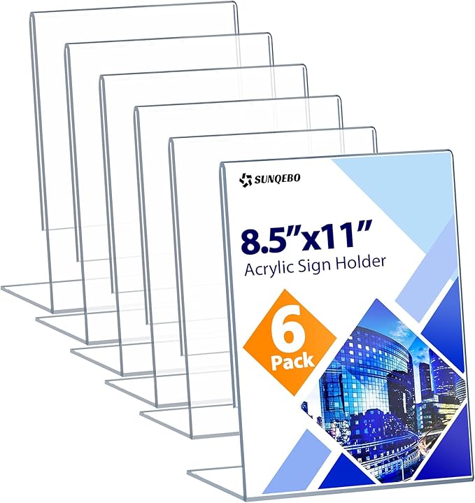 6 Pack Acrylic Sign Holder 8.5 x 11, Clear Desktop Menu Display Stand Slant Back Sign Holder, Plastic Flyer Stand for Displaying Posters Picture Flyers Menu(L Shape 8.5 x 11)