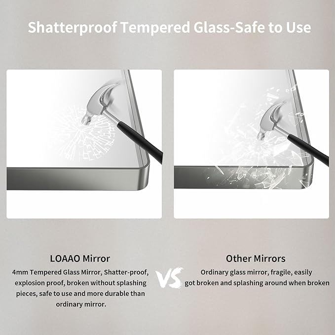LOAAO 48x40 Inch Brushed Nickel Bathroom Mirror, Rounded Rectangle Silver Metal Frame Mirror, Brushed Nickel, Anti-Rust, Shatter Proof, Hangs Horizontally or Vertically