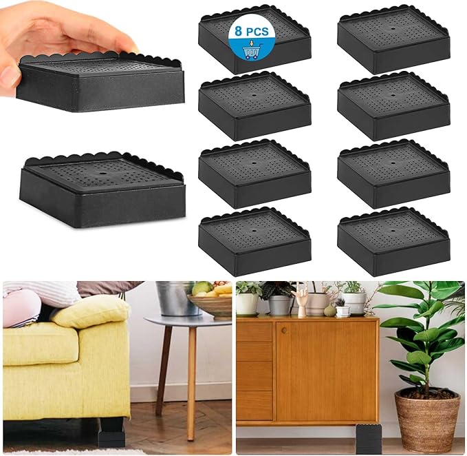 Bed Risers 1 inch, 2 inch, 3 inch, 4 inch Heavy Duty, Adjustable Furniture Riser for Table Desk Couch Sofa Chair Recliner Leg Frame Dorm, Stackable Bed Raisers Blocks (Black 8 Pack, 1 inch)