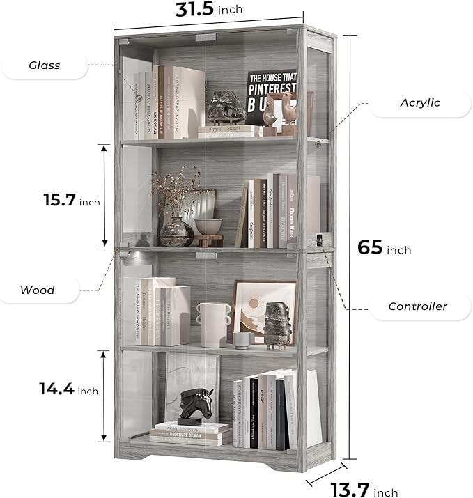 Display Cabinet with Glass Doors, 4-Tier Curio Cabinet with 3 Color Lights for Collectibles, Glass Display Case with Human Body Sensor, Bookcase with 4 Shelves, Storage Cabinets, Gray