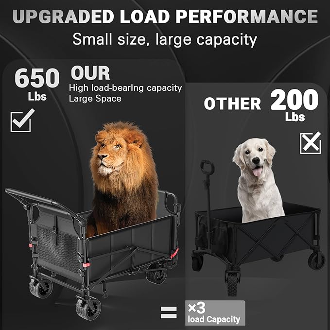 LEVELEVE Heavy Duty Folding Wagon - 2-in-1 Collapsible Cart, 650lb Capacity, All-Terrain Wheels w/Brakes & Side Pockets