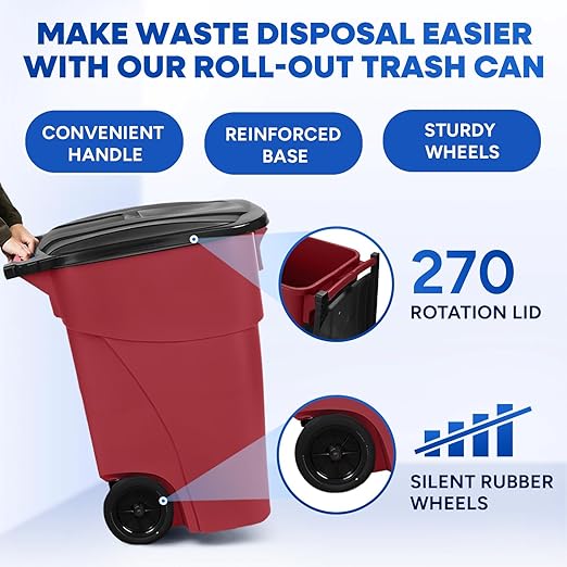 50 Gallon Trash Can, Red Outdoor Garbage Can, Wheeled Outside Trash Bin, Outdoor with Lid and Wheels, Large Rolling Trash Can, Garbage Can with Wheels for Home, Office, Garage