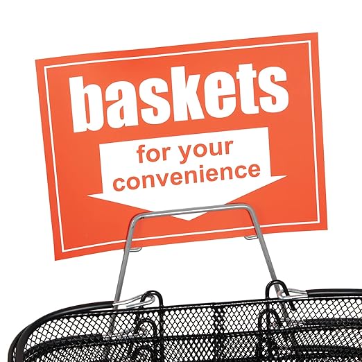 SSWBasics Black Metal Shopping Baskets With Stand and Sign - Set of 12 - Basket Dimension 17"W x 12"D x 7"H - Perfect for Retail, Thrift, Grocery, and Convenience Stores