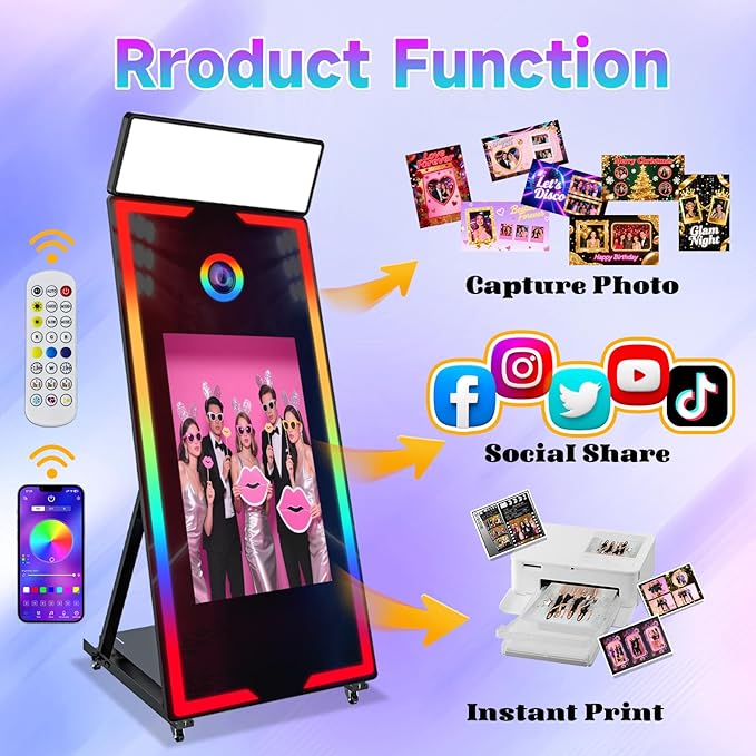 Magic Mirror Photo Booth 65" with 32" Touch Screen Selfie Mirror Photo Booth Machine with Flight Case Remote Control Ring Light for Event Rental Wedding Party (65-32in Black)