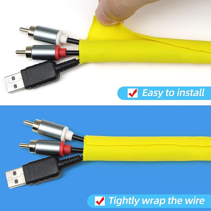 Automotive Wire Loom Tubing, Split Braided Cord Protectors from Pets No Chew, Flexible Cable Sleeve Cable Management for TV/Computer/Electric Wires (Yellow, 3/4"-10ft)