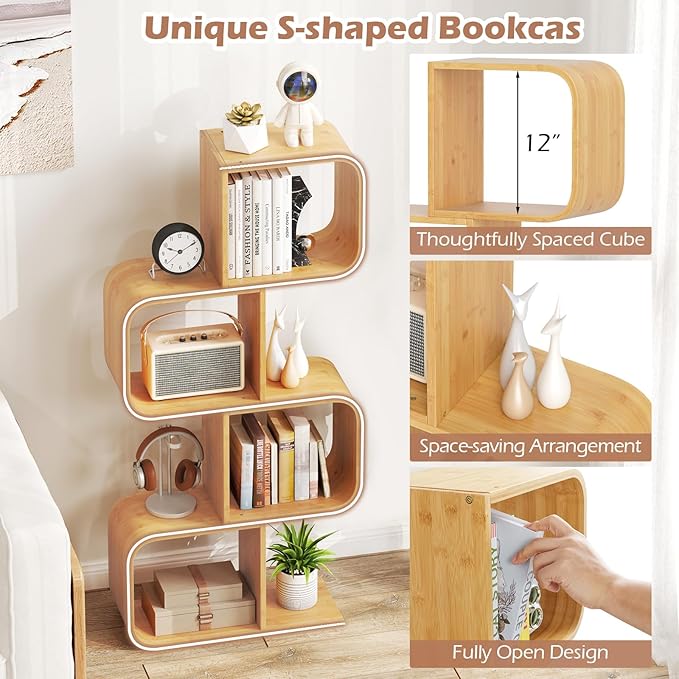 Giantex S-Shaped Bookcase Set of 2, 4-Tier Bamboo Bookshelf with 2 Open Cubes, Geometric Corner Display Shelf, Decorative Storage Organizer, Floor Storage Rack for Living Room, Home Office, Natural
