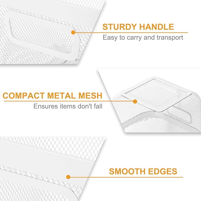 4 Pack Metal Mesh Basket with Hollow Handles White Wire Storage Bin for Organizing Stackable Metal Fine Mesh Basket for Pantry Bathroom Kitchen Cabinets Shelves (Medium and Large)