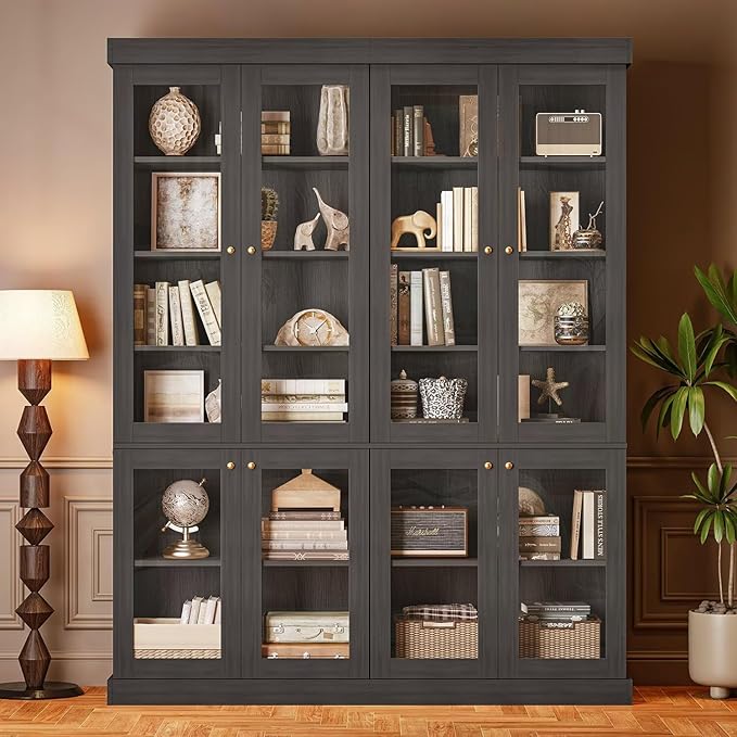 Vyre 70.8" Tall Black Bookshelf with Glass Doors, Farmhouse Modular Bookcase with 6-Tier Adjustable Shelves, Large Storage Cabinet for Home Office, Living Room, Set of 3