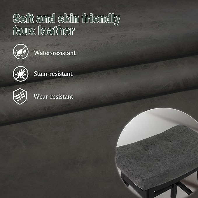 Counter Height Bar Stools Set of 6 for Kitchen Counter Farmhouse Modern Barstools with Faux Leather Upholstered Backless Seat and Solid Wood Legs 24 inch Bar Chairs, Grey + Black