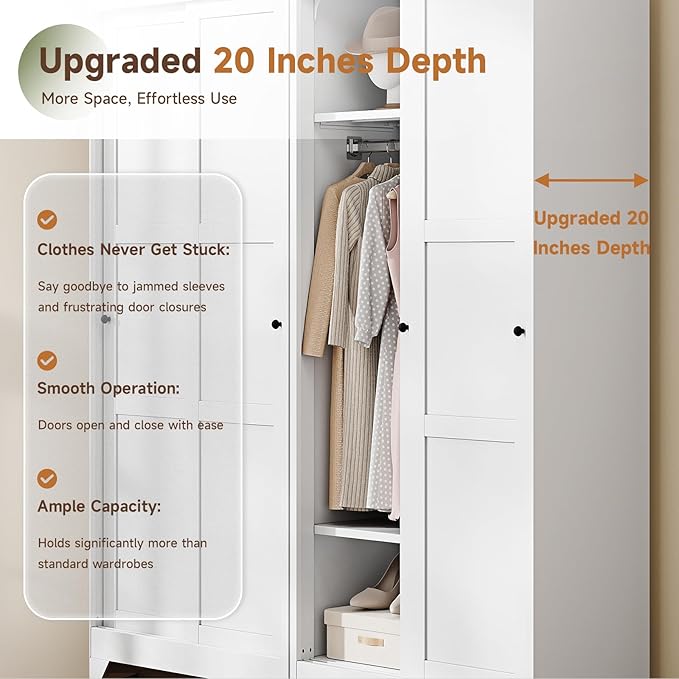 Letaya Metal Wardrobe Cabinets,68" Tall Armoire Wardrobe Closet with Sliding Barn Doors and Shelves,Large Coat Closet Cabinet with Hanging Rod,Clothing Storage Cabinets for Home Room,White (White)