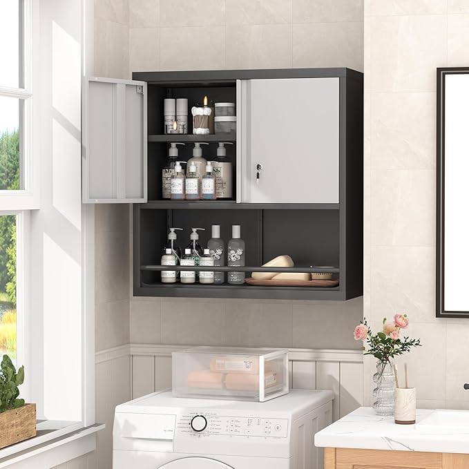 GREATMEET 31" H Metal Garage Storage Cabinets with Doors and Shelves, Lockable Storage Cabinet with Lock, Black Hanging Cabinets for Wall, Wall Mount Cabinet for Utility Room, Black&Grey