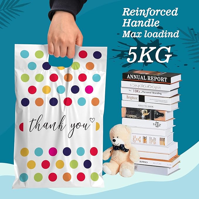 JinRuiKJ Poly Mailers with Handle 10x13 Inch 25 Pcs, Easy to Carry Packaging Bags for Small Business, Thank You Shipping Bags with Self Adhesive Strip, Tearproof and Waterproof - Colorful Polka Dots