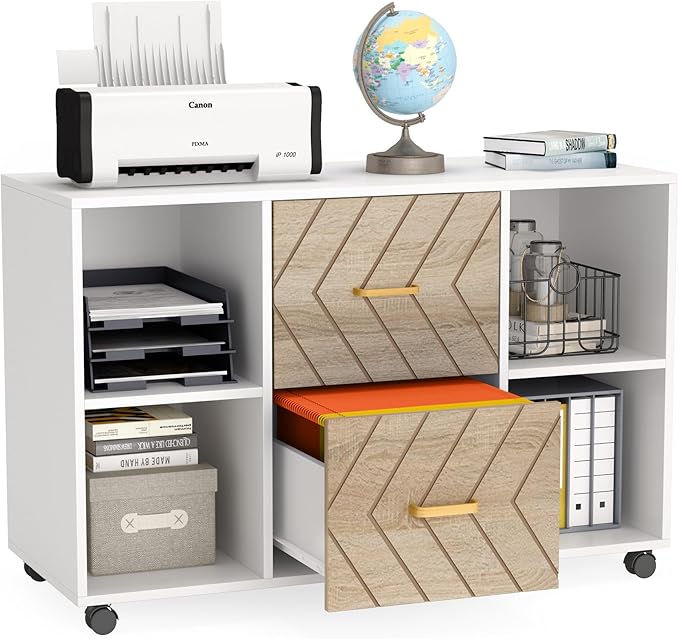 Tribesigns 2 Drawer File Cabinet, Large Mobile Lateral Filing Cabinet for Letter Size, Printer Stand with Storage Shelves and Rolling Wheels for Home Office (White)