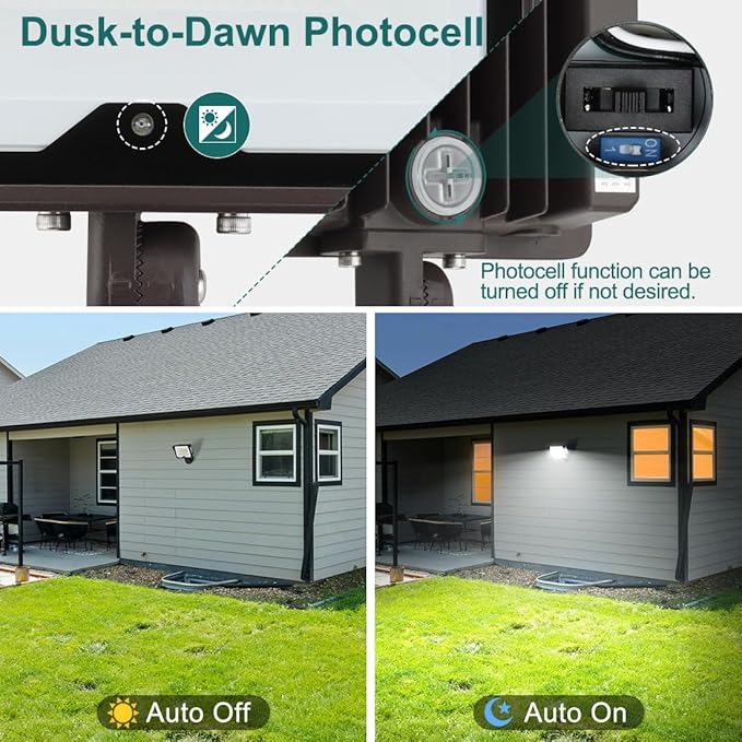 kadision 55W LED Flood Light with Dusk-to-Dawn Photocell, 3000K/4000K/5000K Selectable, 120V 6600lm IP65 Waterproof Knuckle Mount Outdoor Security Lights, ETL Listed