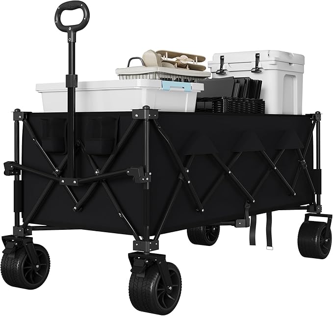 52" Foldable Wagon for Beach with 460lbs Weight Capacity, Heavy Duty 350L Extra Large Collapsible Foldable Wagon for Camping, All Terrain Beach Wagons Extended with Cup Holders for Sand