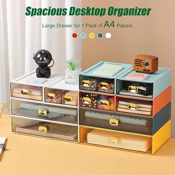 Spacious Desktop Storage Box, 2 Large Storage Drawers, Stackable Office Desk Drawer Organizer and Accessories, Printer Paper Organizer, White Plastic Drawers for Workspace