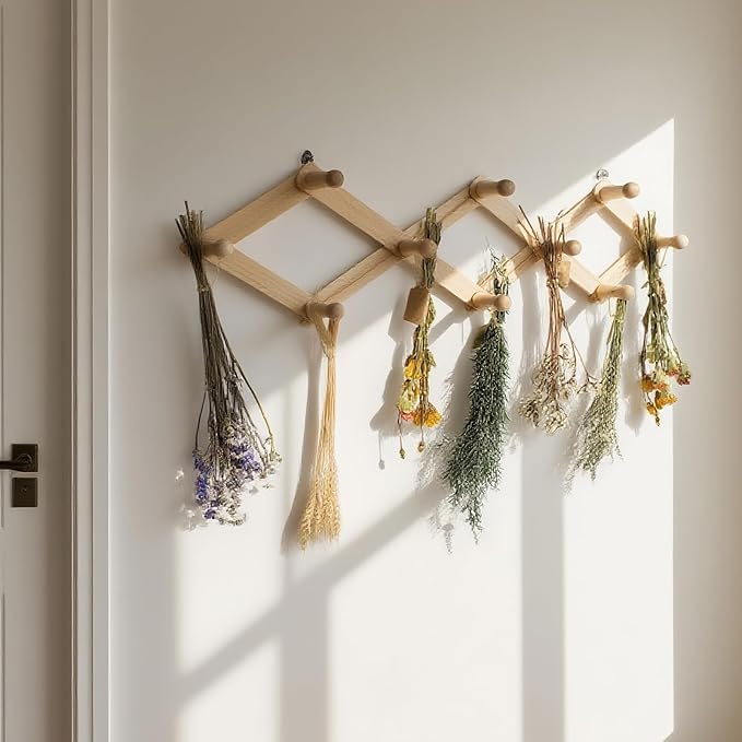 Rustic Adjustable Hanging Herb Drying Rack-Holds 10 Bouquets, Space-Saving Herb Flower Dryer with Adhesive Wall Hooks for Herb Display Rack,Kitchen Wall Décor-Unusual Gifts for Gardener Woman