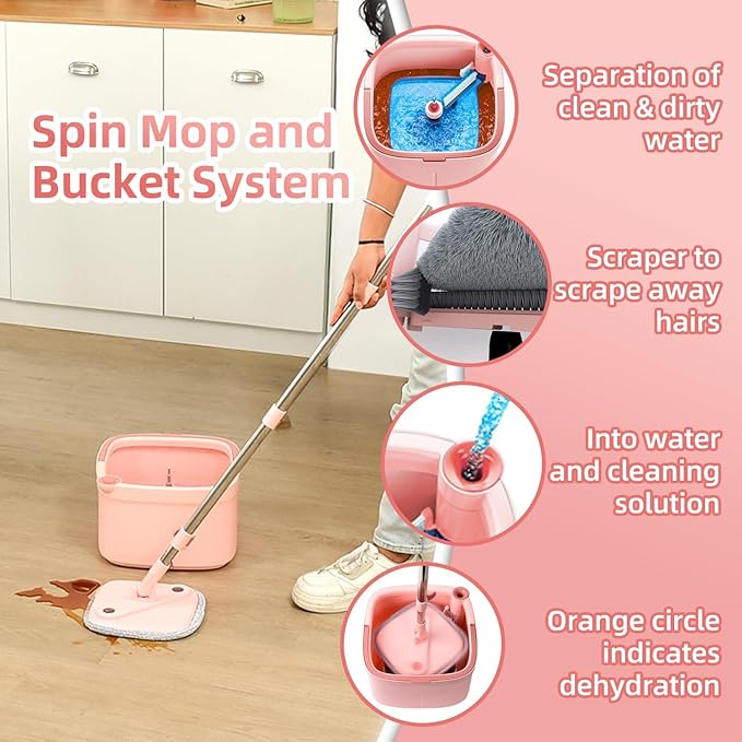 KZKR Square Spin Mop and Bucket Set with Self Separation Dirty and Clean Water System, Self Wringing 360° Rotating Mops Head with 2 Replaceable Microfiber Pads for Home Floors Cleaning