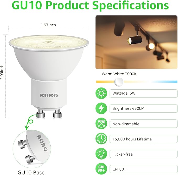 BUBO GU10 LED Bulb 6W Equivalent 50W, 3000K Warm White 650 Lumens, Non-Dimmable GU10 Bulb Replacement for Track Lighting, MR16 LED Bulb for Kitchen, Range Hood, Living Room, Bedroom, 20 Pack