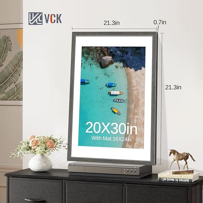 VCK 20x30 Poster Frame 2 Pack - Grey, High-End Wood Picture Frames with Polished Plexiglass, Display 16x24 Photo with Mat or 20x30 without Mat, Art Gallery-Quality, Wall Hanging, Grey