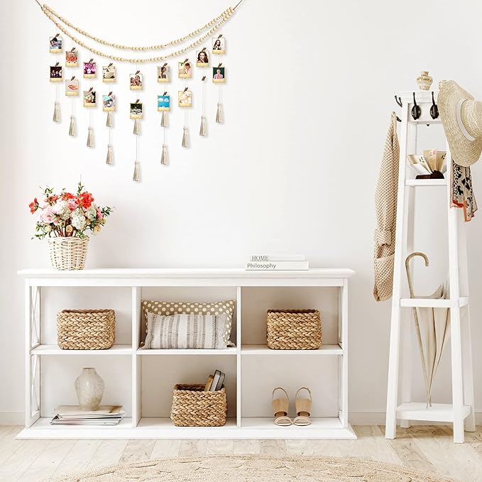 Amyhill Amyhill Hanging Photo Display Boho Macrame Photo Hanging with 24 Wood Wall Clips Macrame Collage Picture Frame with Wooden Beads Double Layer Room Display Decoration Art(Simple Style)