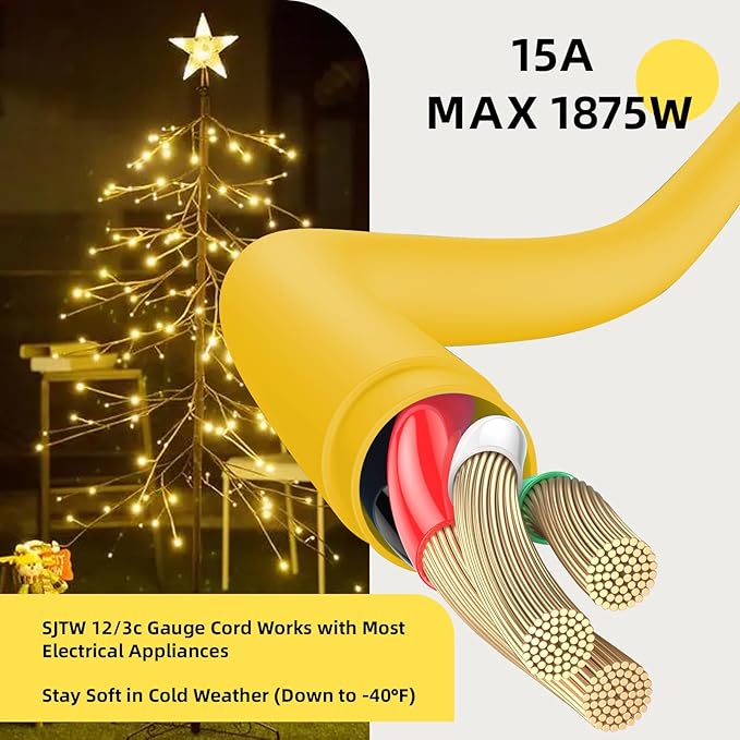 EP 25 Ft Outdoor Extension Cord, 12/3 SJTW Heavy Duty Extension Cable with 3 Prong Grounded Plug, 15 AMP Power Cord for Lawn, Garden, Appliances, Yellow