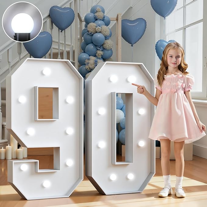 Marquee Numbers 3 Feet Tall Big Light Up Numbers 90th Birthday Decorations Women Men White Anniversary Party Decor Large Cardboard Prop Backdrop Sign 90