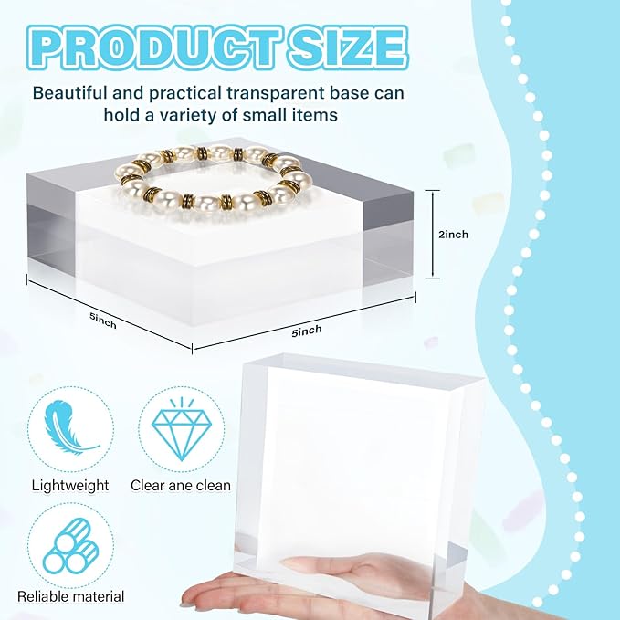 Qunclay 4 Pcs 5 x 5 x 2 Inches Acrylic Square Display Block Clear Polished Acrylic Cubes Jewelry Display Stand for Jewelry Ring Showcase Holder Base Collections