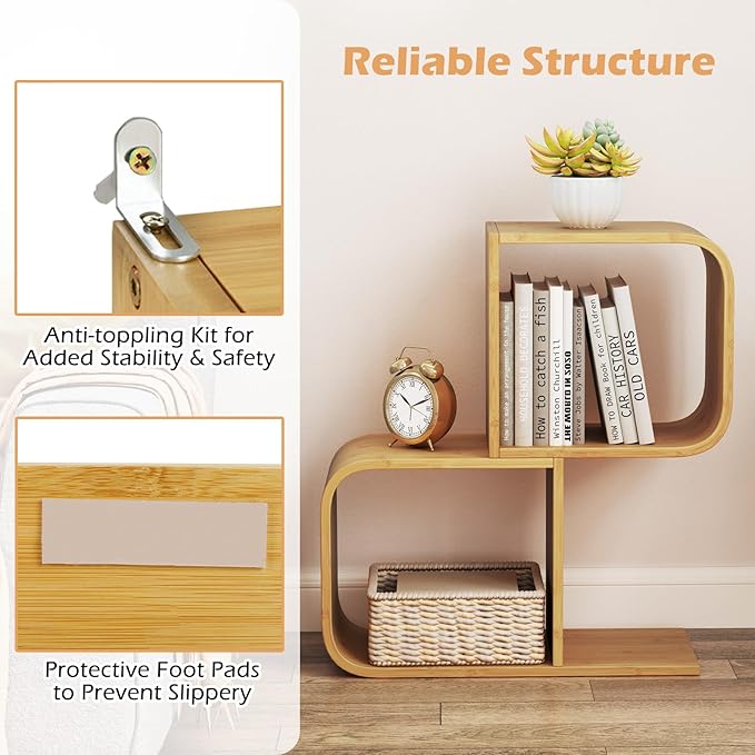 Giantex S-Shaped Bookcase, 2-Tier Bamboo Bookshelf with 2 Open Cubes, Geometric Corner Display Shelf, Decorative Storage Organizer, Floor Storage Rack for Living Room, Study, Home Office, Natural