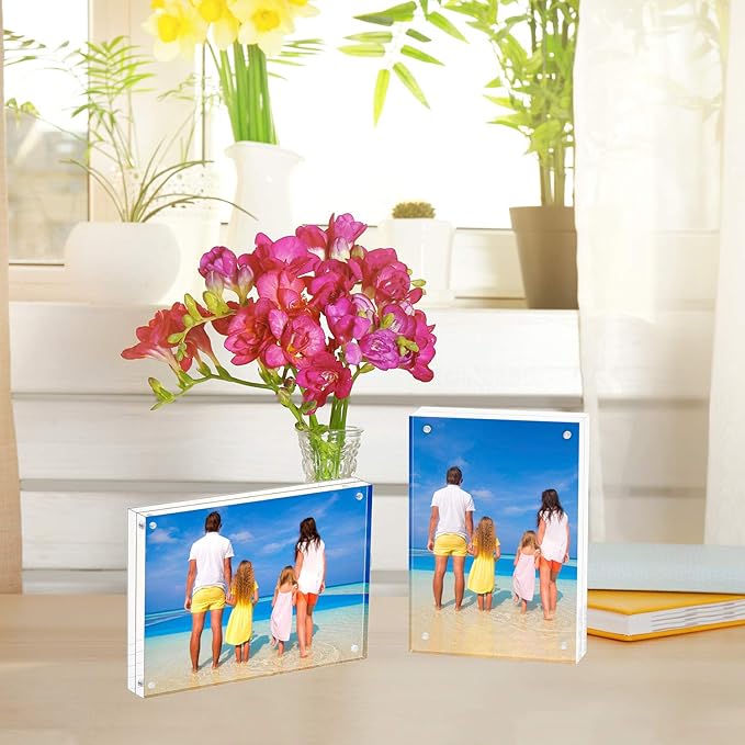 Meetu Acrylic Picture Frame 8x10,Clear Freestanding Double Sided 24mm Thickness Frameless Magnetic Photo Frames Desktop Display with Gift Box Package (2 Pack)