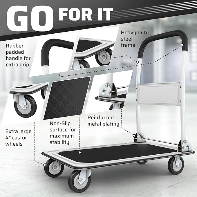 Heavy Duty Foldable Push Cart Dolly | 330 lbs. Capacity | Upgraded Collapsible Hand Truck Folding Platform with Swivel Wheels | Flat Bed Moving Wagon | Space Saving Push Handle (White)