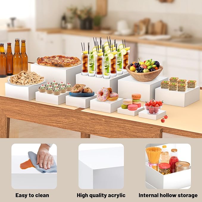10 Pcs Buffet Food Risers, White Acrylic Dessert Cupcake Table Stands Fruit Display Shelf Set for Catering Supplies Party Jewelry Decor Risers& Protective Film (10", 9", 8", 7",6.5", 6",5",5",4", 4")