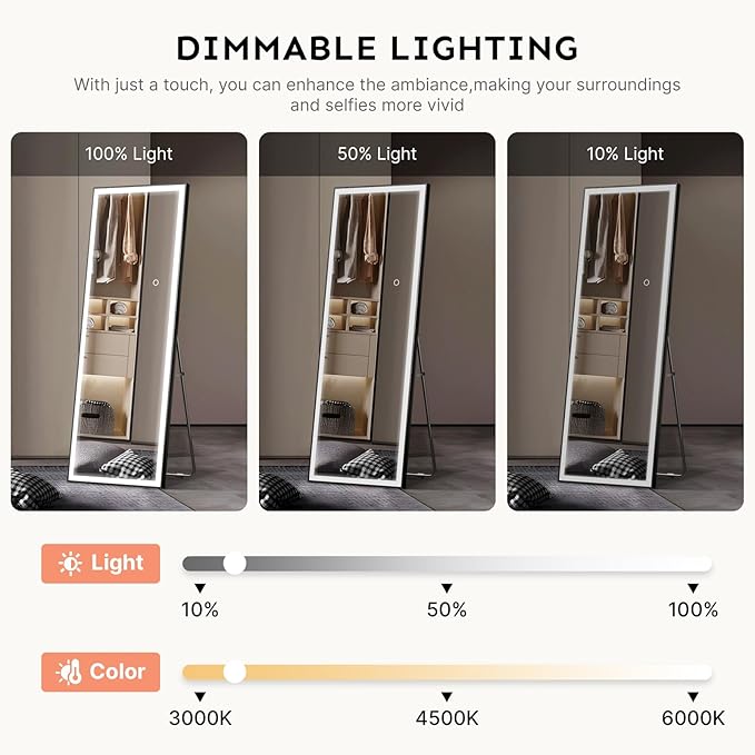 Kosmonia 71x24 Full Length Mirror, Dimmable 3 Color LED Light w/Light Memory, Distortion Free Silver Coating Mirror, HD Reflection &Anti Desilvering,Tempered Glass &Shatter Proof Film Doubles Safety