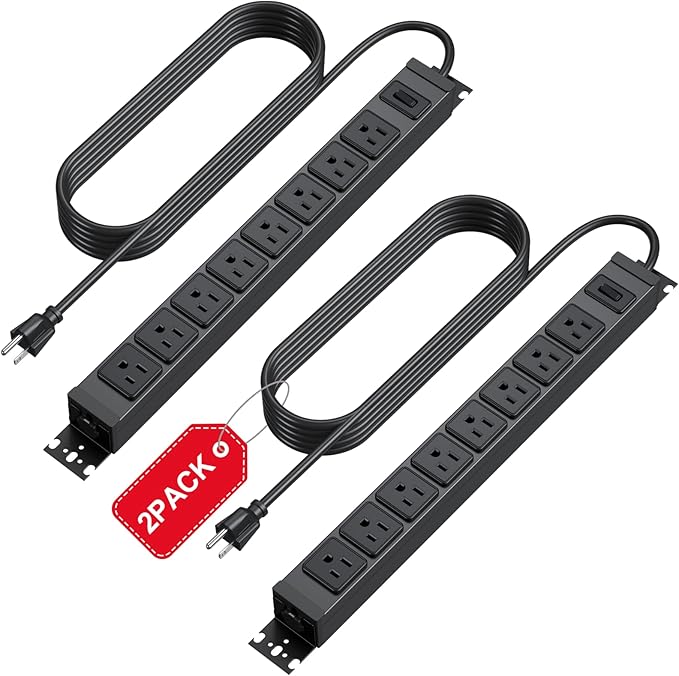 HHSOET 2 Pack Metal 360° Rotating Mountable Power Strip, 8 Outlet Gaming Table Mounted Outlet Strip, Heavy Duty Wall Mount Surge Protector with Switch, 15A 125V 1875W 6ft Power Cord.