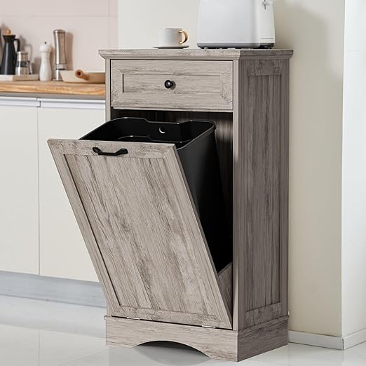 13 Gallons Tilt Out Trash Cabinet Freestanding Kitchen Trash Bin Cabinet Wood Garbage Recycling Cabinet with Hideaway Drawer Pet Proof Trash Can Holder for Kitchen Living Room, Grey