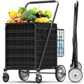 5.7 Cu Ft Folding Shopping Cart - 600 LB Capacity Grocery Cart with 360° Braked Swivel Wheels - Heavy Duty Utility Cart with Double Basket & Removable Waterproof Liner with Lid for Laundry