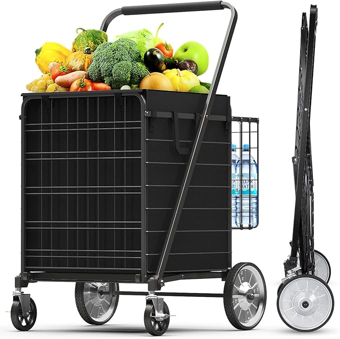 5.7 Cu Ft Folding Shopping Cart - 600 LB Capacity Grocery Cart with 360° Braked Swivel Wheels - Heavy Duty Utility Cart with Double Basket & Removable Waterproof Liner with Lid for Laundry