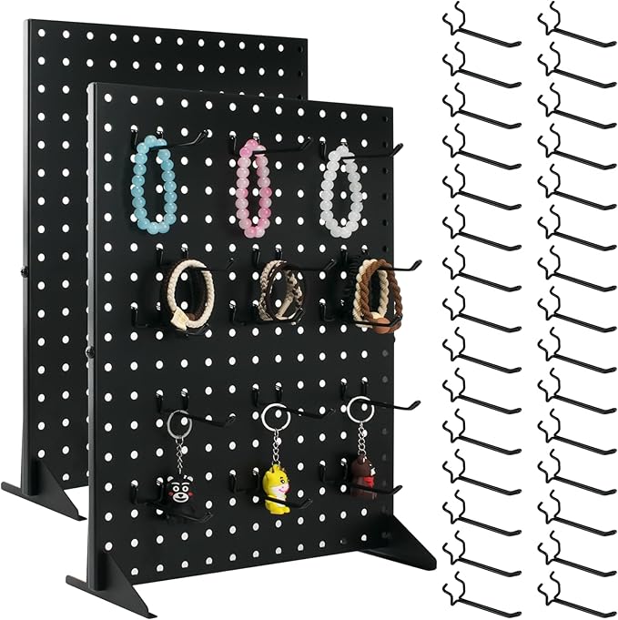 2 Pcs Metal Pegboard Display Stand with 30 Peg board Hooks, Desk Pegboard Shelf for Craft Shows & Fairs, Retail Stores, Vendors Arts and Crafts Finishing - 17x13Inch & Black
