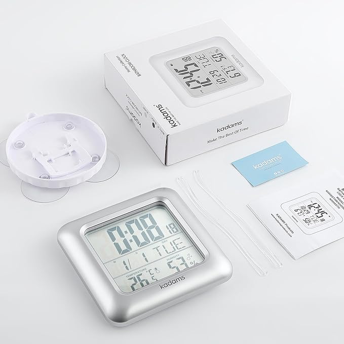KADAMS Bathroom Clock 9.5" Kitchen Wall Clock with Large LCD Screen – Shower Clock with Suction Cup,Temperature, Humidity, Calendar – Water-Resistant, 4 Mounting Options, Silver