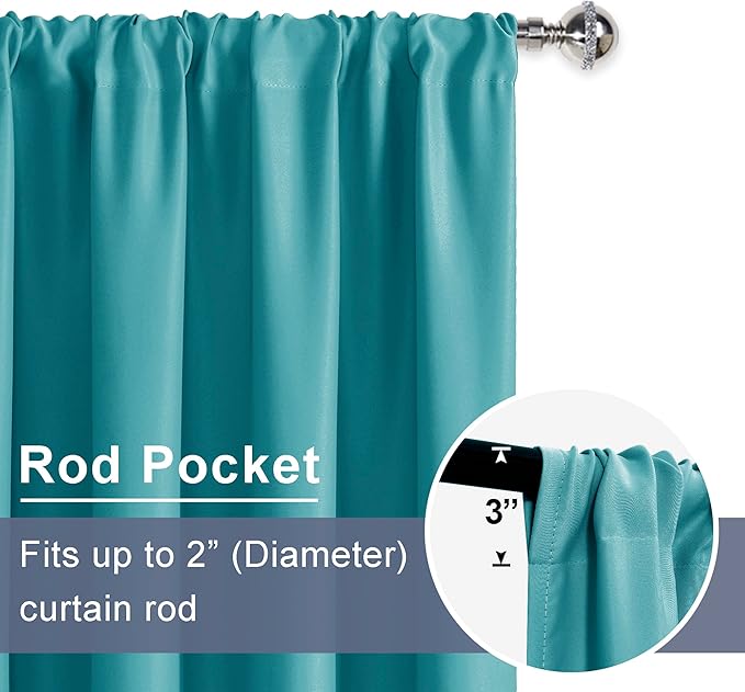 JIUZHEN Blackout Curtains for Bedroom - Thermal Insulated Room Darkening Rod Pocket Curtains for Living Room, Set of 2 Panels with Tiebacks, 70 x 96 Inch Length, Turquoise