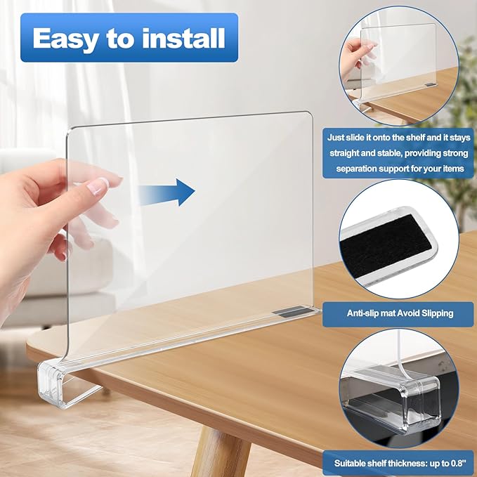 12 Pack Acrylic Shelf Dividers,Clear Acrylic Divider for Clothes/Purses,Wood Shelf Closet Separators,Shelf Divider Closet Organizer,Shelf Separators in Bedroom Kitchen Office Cabinets Storage